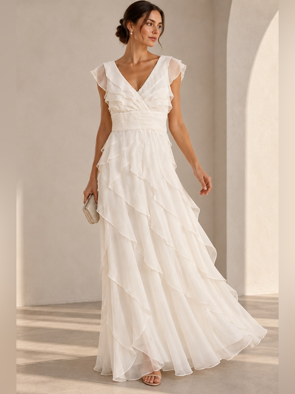 Adrianna Papell Occasions Ivory Ruffle Chiffon Formal Maxi Gown Size 10
